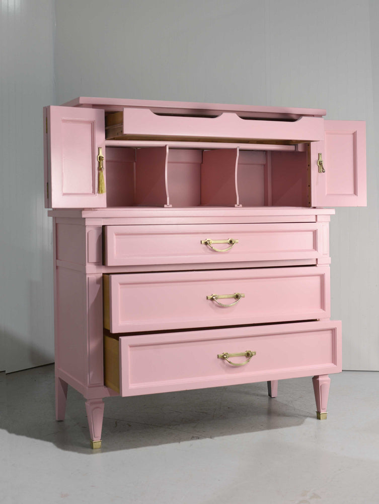 Mid Century Transitional Highboy Dresser by White Furniture in Pink - Newly Painted