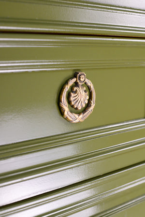 Mid Century Transitional Highboy Dresser in Olive Green By Huntley Thomasville - Newly Painted