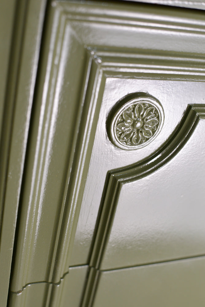 Mid Century Transitional Highboy Dresser in Olive Green By Huntley Thomasville - Newly Painted