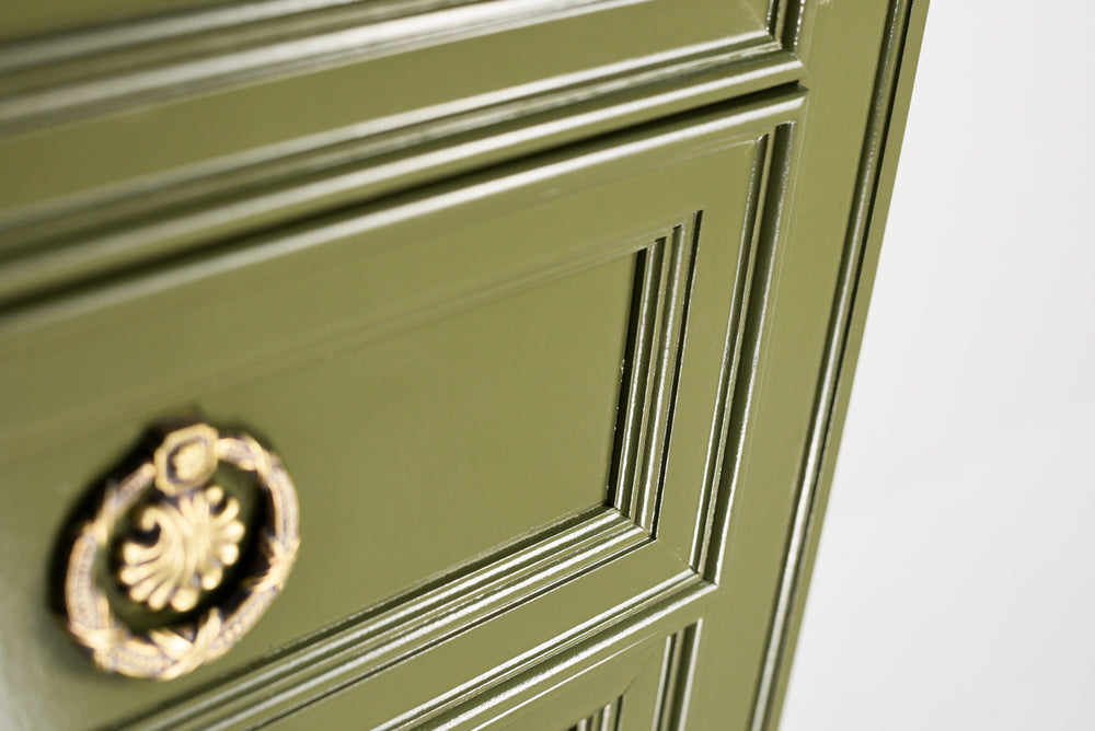 Mid Century Transitional Highboy Dresser in Olive Green By Huntley Thomasville - Newly Painted