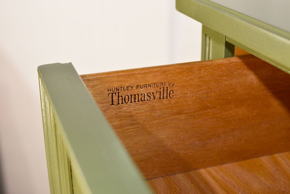 Mid Century Transitional Highboy Dresser in Olive Green By Huntley Thomasville - Newly Painted