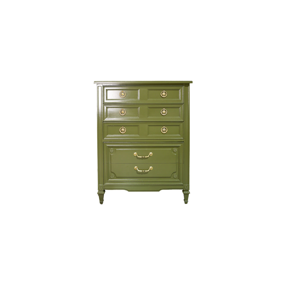 Mid Century Transitional Highboy Dresser in Olive Green By Huntley Thomasville - Newly Painted