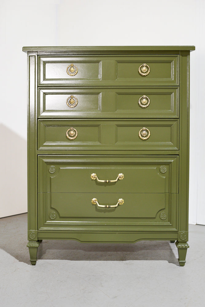 Mid Century Transitional Highboy Dresser in Olive Green By Huntley Thomasville - Newly Painted