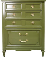 Mid Century Transitional Highboy Dresser in Olive Green By Huntley Thomasville - Newly Painted