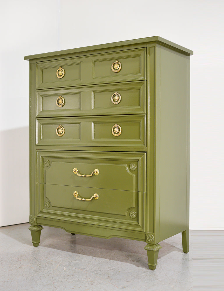 Mid Century Transitional Highboy Dresser in Olive Green By Huntley Thomasville - Newly Painted