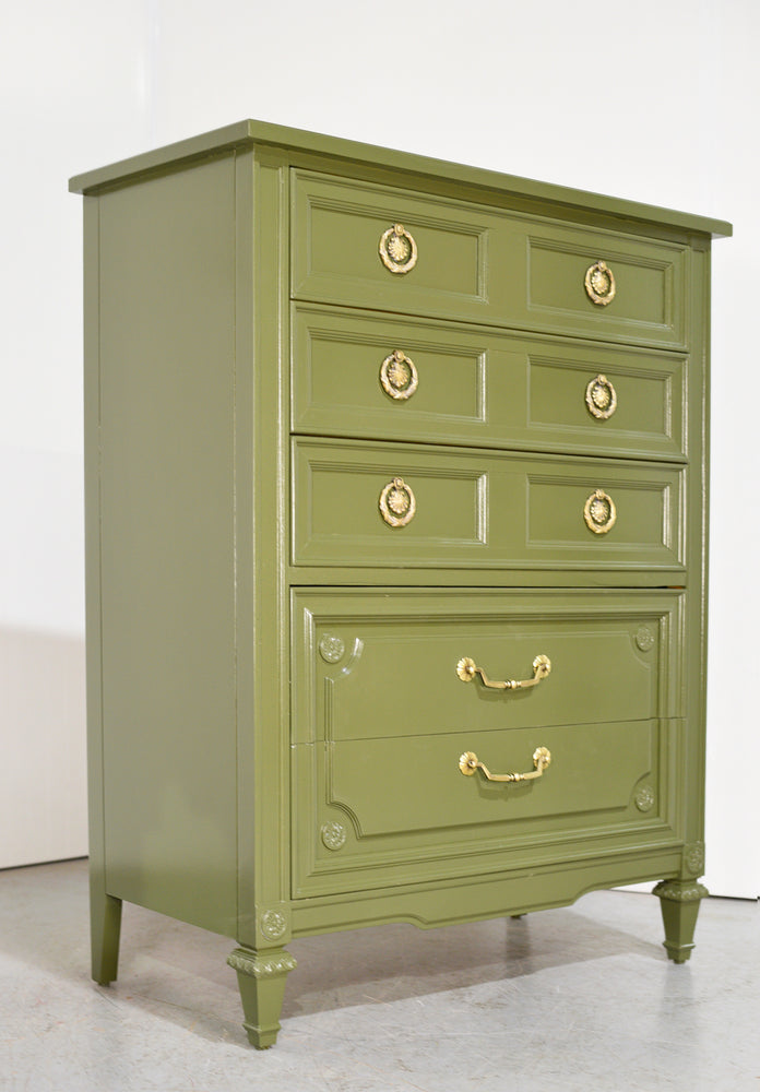 Mid Century Transitional Highboy Dresser in Olive Green By Huntley Thomasville - Newly Painted