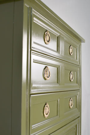 Mid Century Transitional Highboy Dresser in Olive Green By Huntley Thomasville - Newly Painted