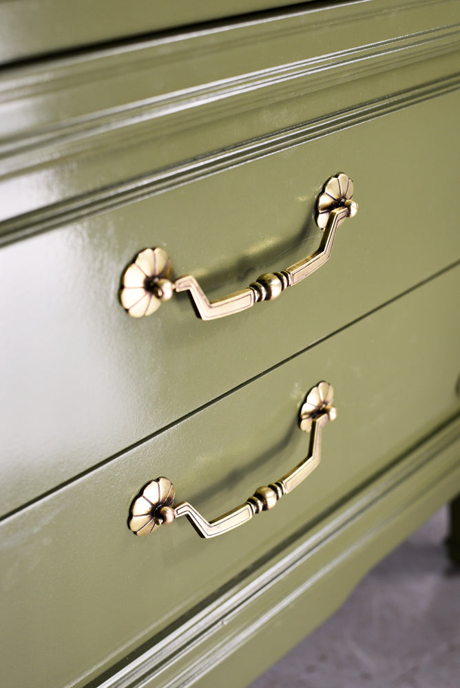 Mid Century Transitional Highboy Dresser in Olive Green By Huntley Thomasville - Newly Painted