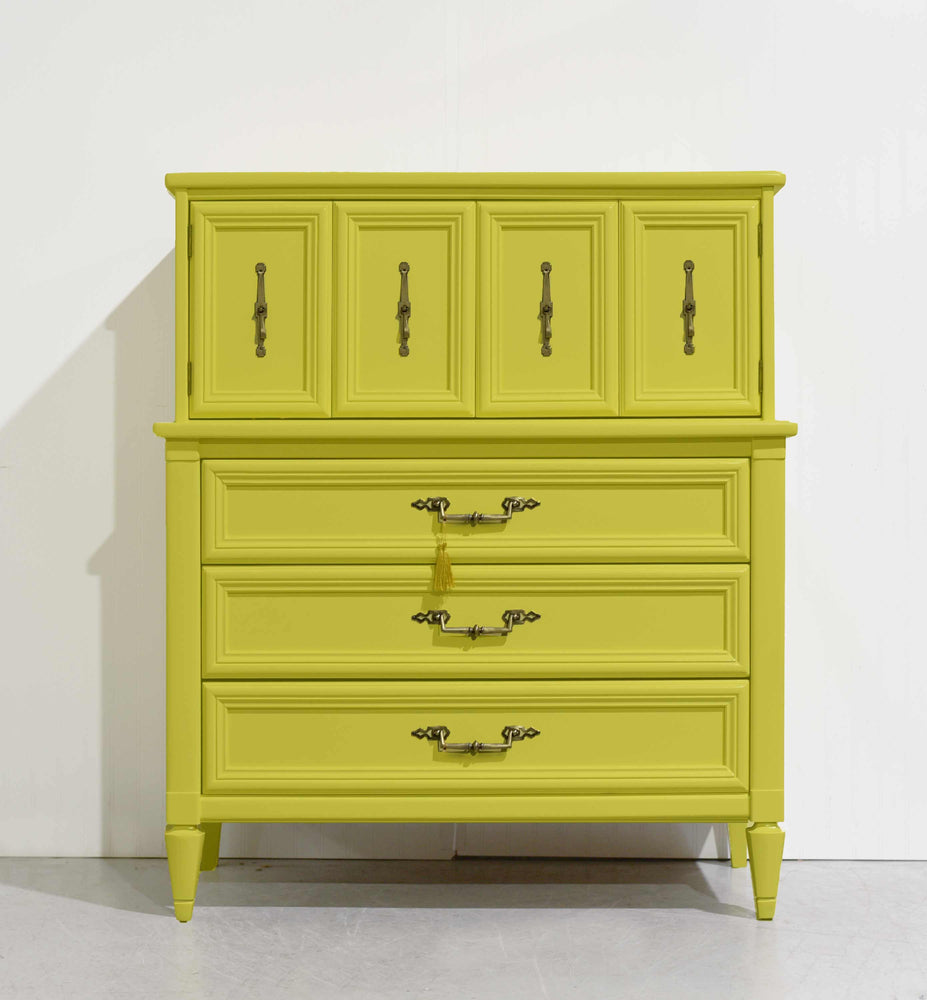 Mid Century Transitional Highboy Dresser in Chartreuse by White Furniture - Newly Painted