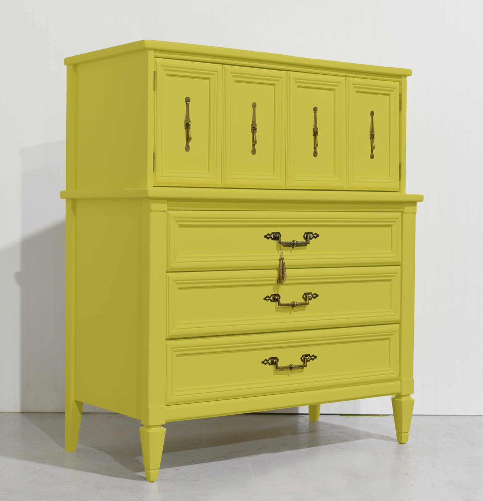 Mid Century Transitional Highboy Dresser in Chartreuse by White Furniture - Newly Painted