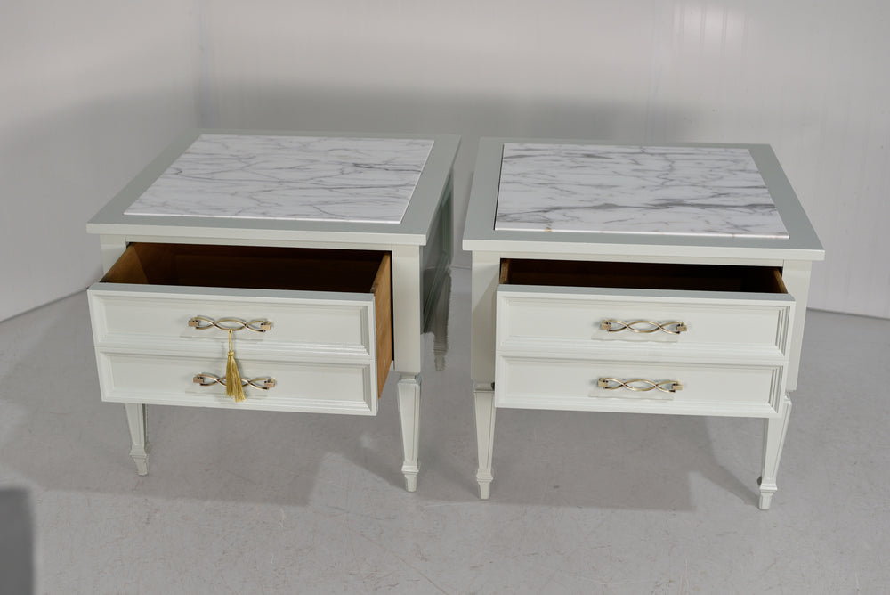 Mid Century Transitional Marble Top Nightstands A Pair- Newly Painted