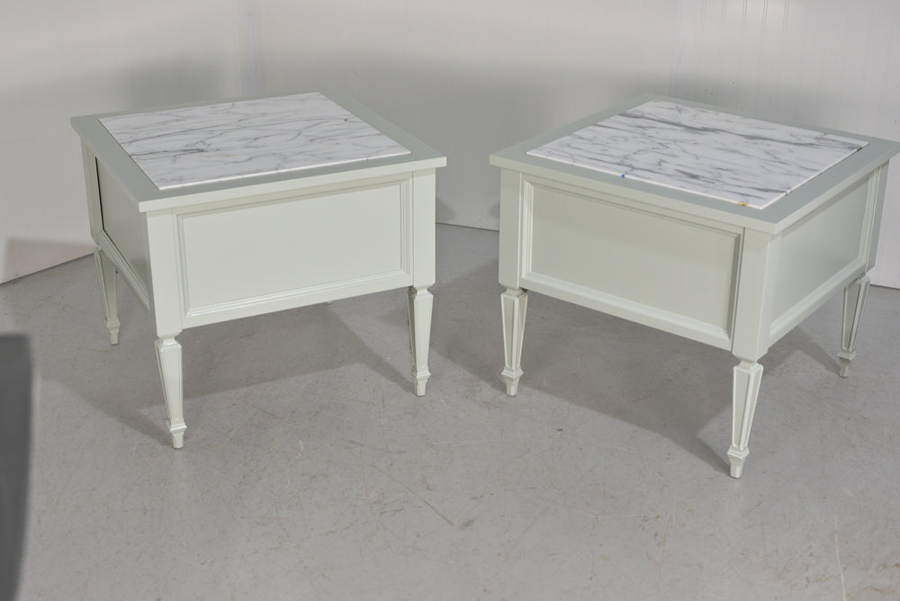 Mid Century Transitional Marble Top Nightstands A Pair- Newly Painted