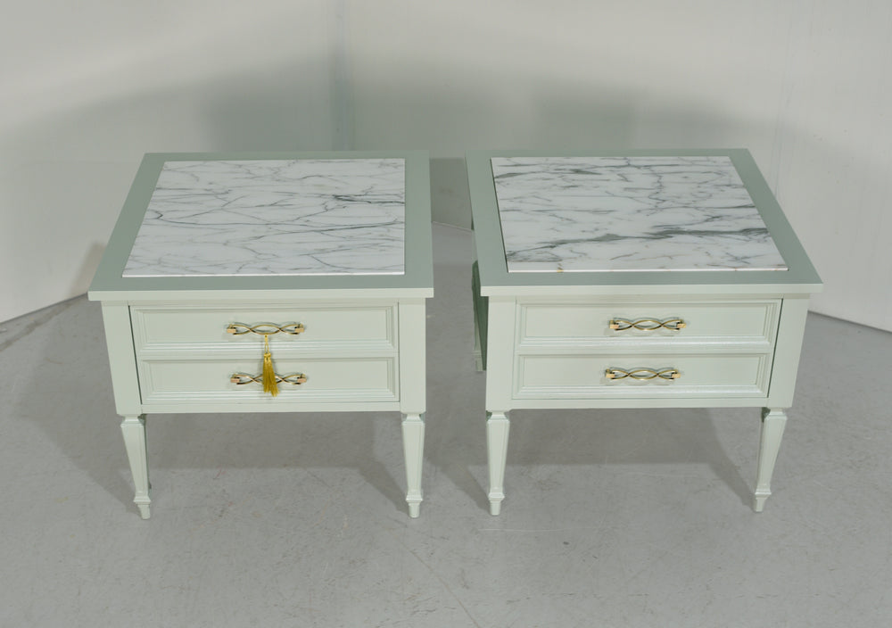 Mid Century Transitional Marble Top Nightstands A Pair- Newly Painted