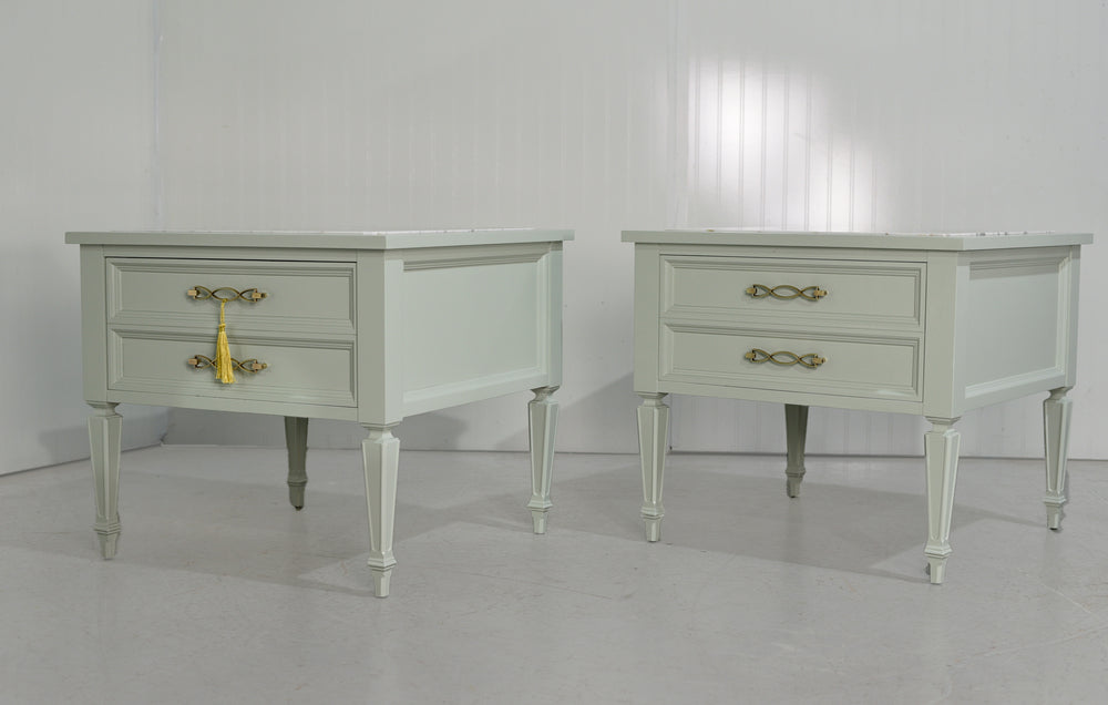 Mid Century Transitional Marble Top Nightstands A Pair- Newly Painted