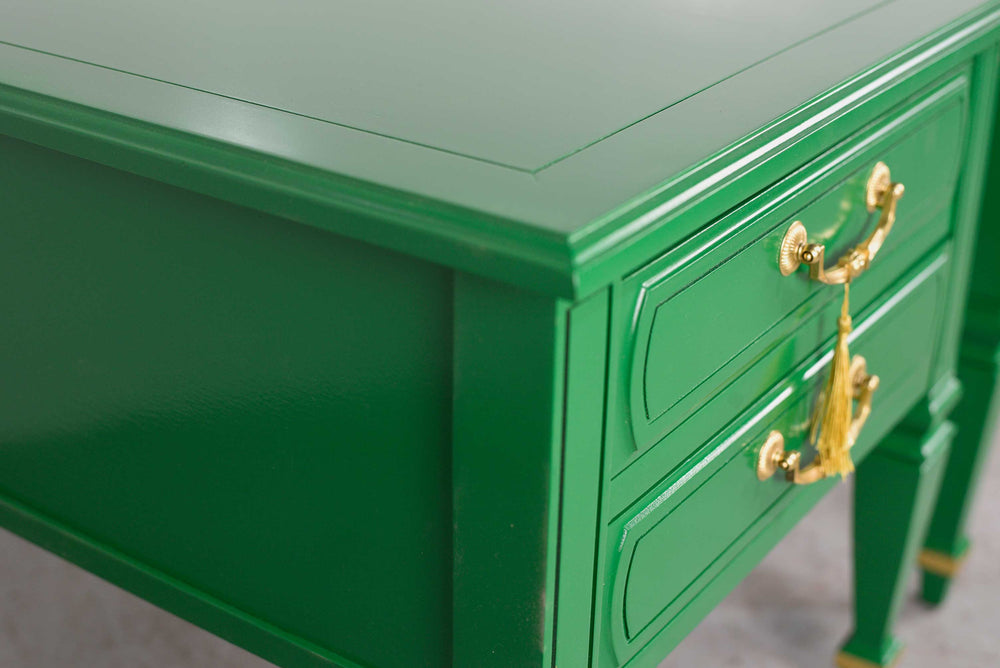 Mid Century Transitional Pair of Nightstands in Green with Gold Accents  - Newly Painted