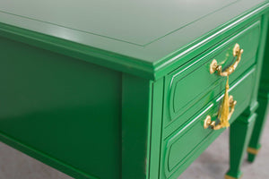 Mid Century Transitional Pair of Nightstands in Green with Gold Accents  - Newly Painted