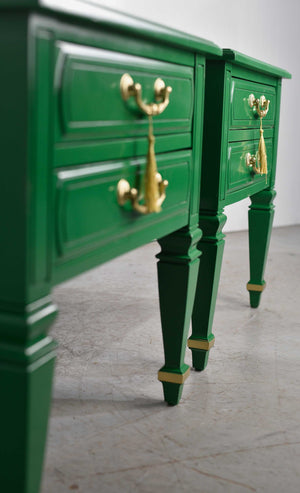 Mid Century Transitional Pair of Nightstands in Green with Gold Accents  - Newly Painted