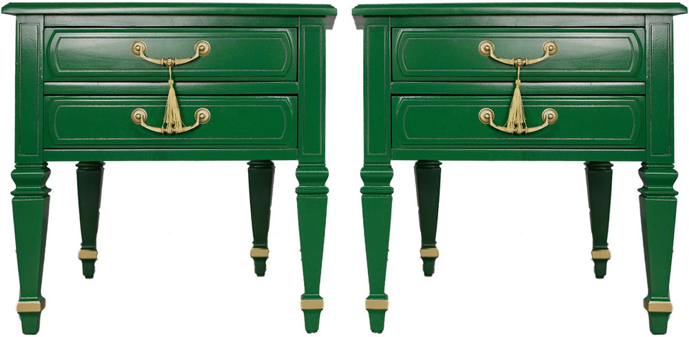 Mid Century Transitional Pair of Nightstands in Green with Gold Accents  - Newly Painted