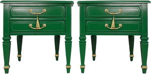 Mid Century Transitional Pair of Nightstands in Green with Gold Accents  - Newly Painted