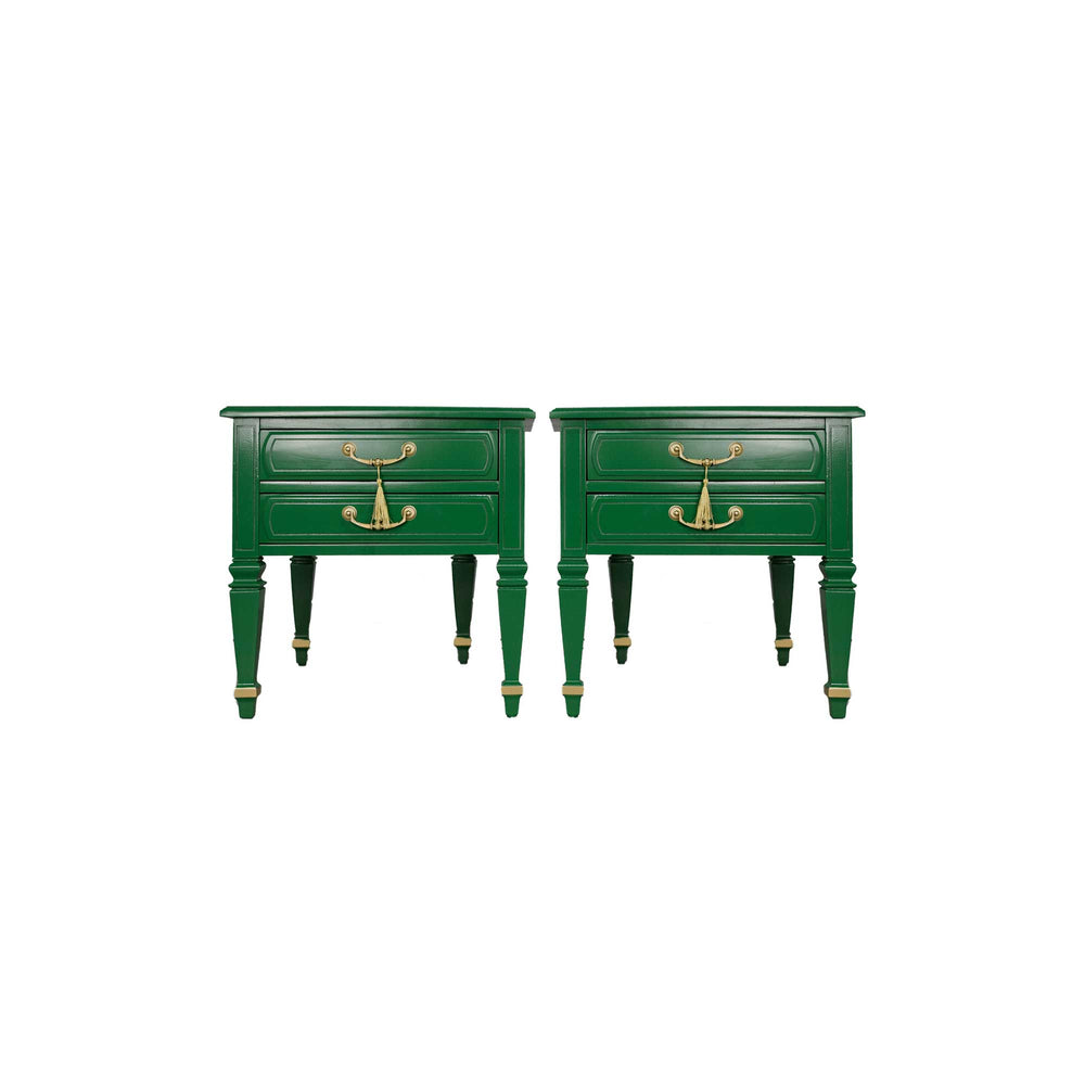 Mid Century Transitional Pair of Nightstands in Green with Gold Accents  - Newly Painted