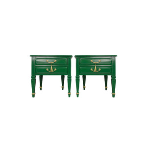 Mid Century Transitional Pair of Nightstands in Green with Gold Accents  - Newly Painted