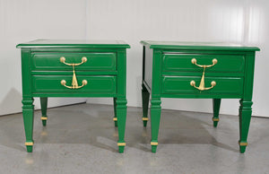 Mid Century Transitional Pair of Nightstands in Green with Gold Accents  - Newly Painted