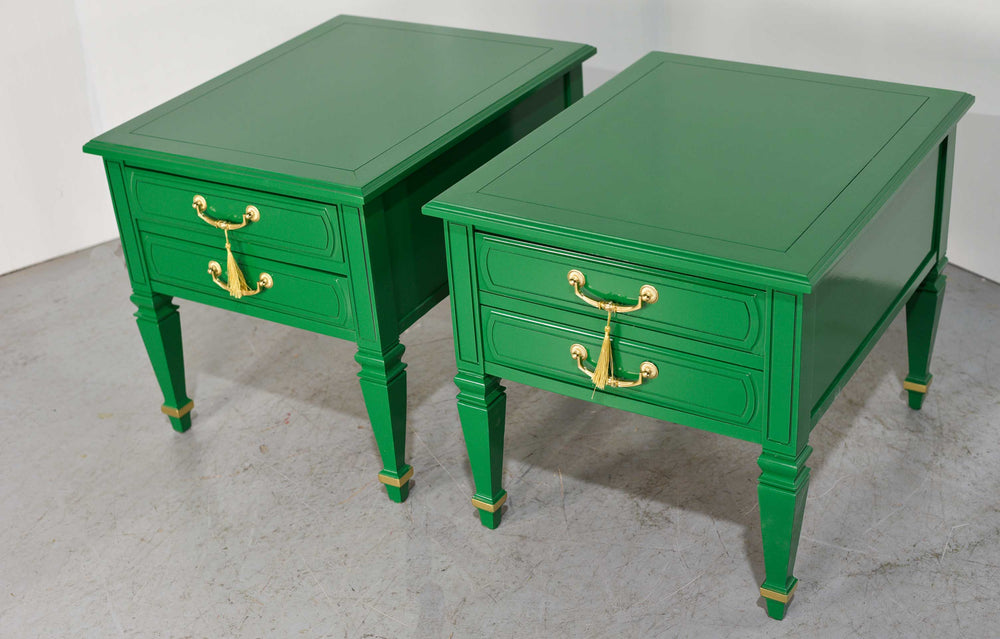 Mid Century Transitional Pair of Nightstands in Green with Gold Accents  - Newly Painted