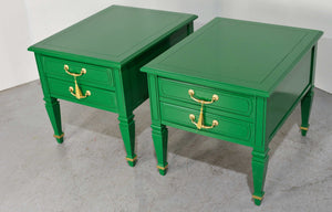 Mid Century Transitional Pair of Nightstands in Green with Gold Accents  - Newly Painted