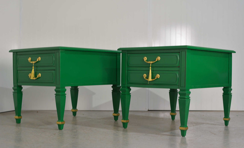 Mid Century Transitional Pair of Nightstands in Green with Gold Accents  - Newly Painted