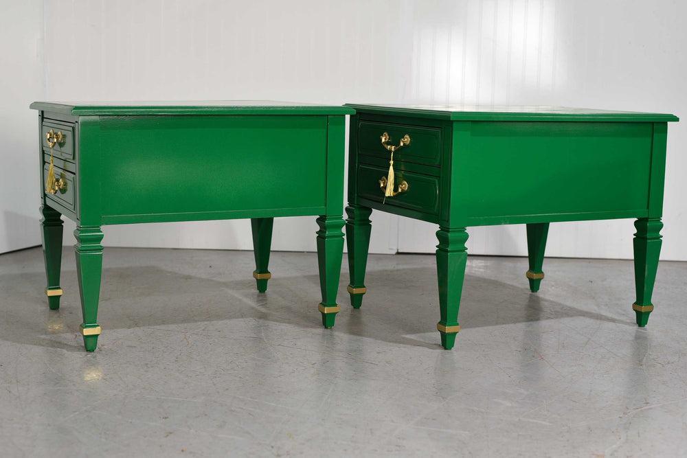 Mid Century Transitional Pair of Nightstands in Green with Gold Accents  - Newly Painted