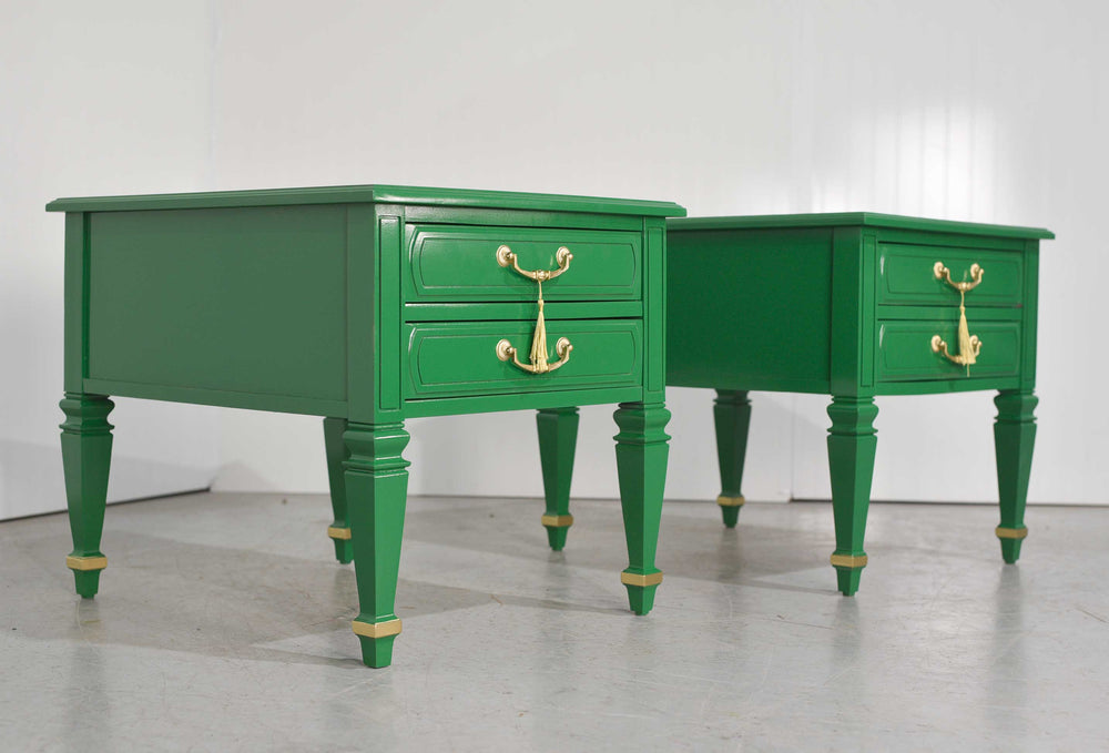 Mid Century Transitional Pair of Nightstands in Green with Gold Accents  - Newly Painted