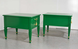 Mid Century Transitional Pair of Nightstands in Green with Gold Accents  - Newly Painted