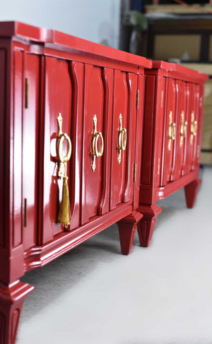 Mid Century Transitional Pair of Nightstands in Red  - Newly Painted