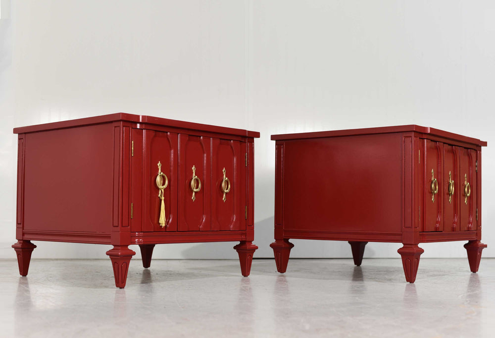 Mid Century Transitional Pair of Nightstands in Red  - Newly Painted