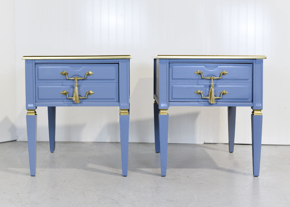Mid Century Transitional Side Tables in Blue and Gold Newly Painted - A Pair