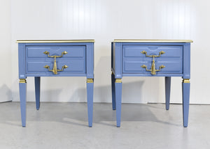 Mid Century Transitional Side Tables in Blue and Gold Newly Painted - A Pair
