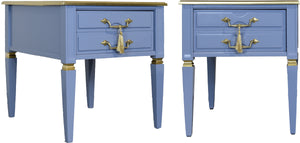 Mid Century Transitional Side Tables in Blue and Gold Newly Painted - A Pair