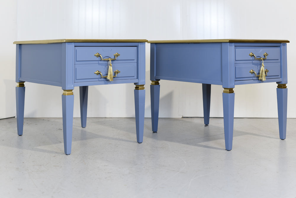 Mid Century Transitional Side Tables in Blue and Gold Newly Painted - A Pair