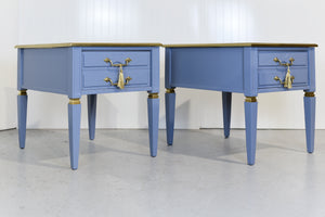 Mid Century Transitional Side Tables in Blue and Gold Newly Painted - A Pair