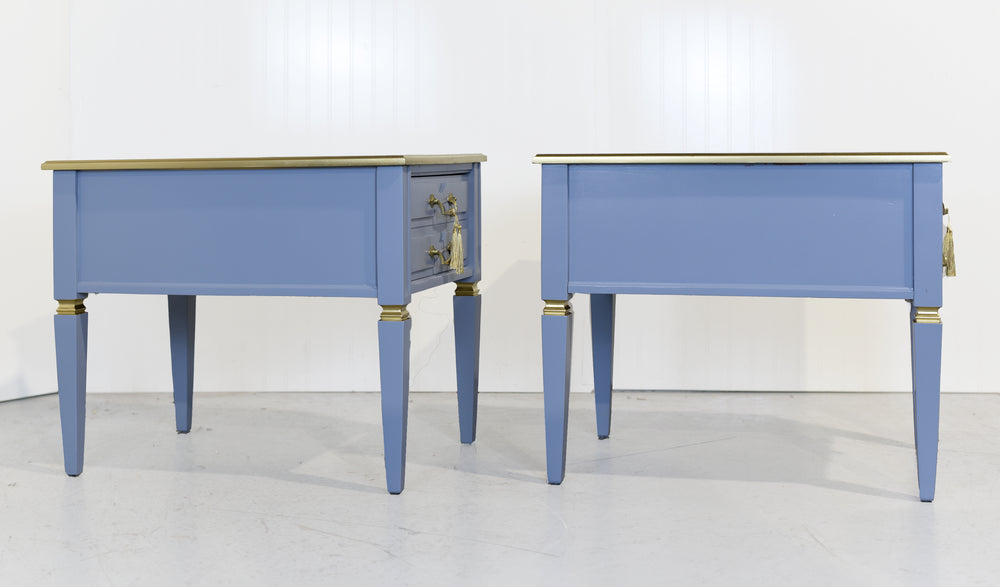 Mid Century Transitional Side Tables in Blue and Gold Newly Painted - A Pair