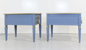 Mid Century Transitional Side Tables in Blue and Gold Newly Painted - A Pair