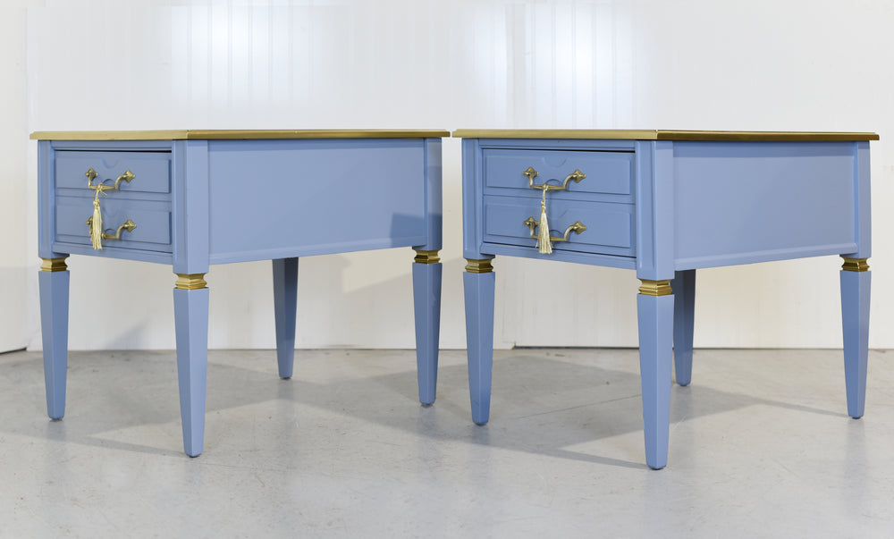 Mid Century Transitional Side Tables in Blue and Gold Newly Painted - A Pair