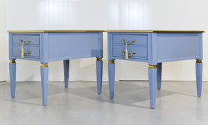 Mid Century Transitional Side Tables in Blue and Gold Newly Painted - A Pair