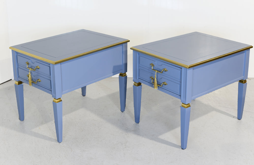 Mid Century Transitional Side Tables in Blue and Gold Newly Painted - A Pair