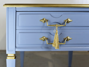 Mid Century Transitional Side Tables in Blue and Gold Newly Painted - A Pair