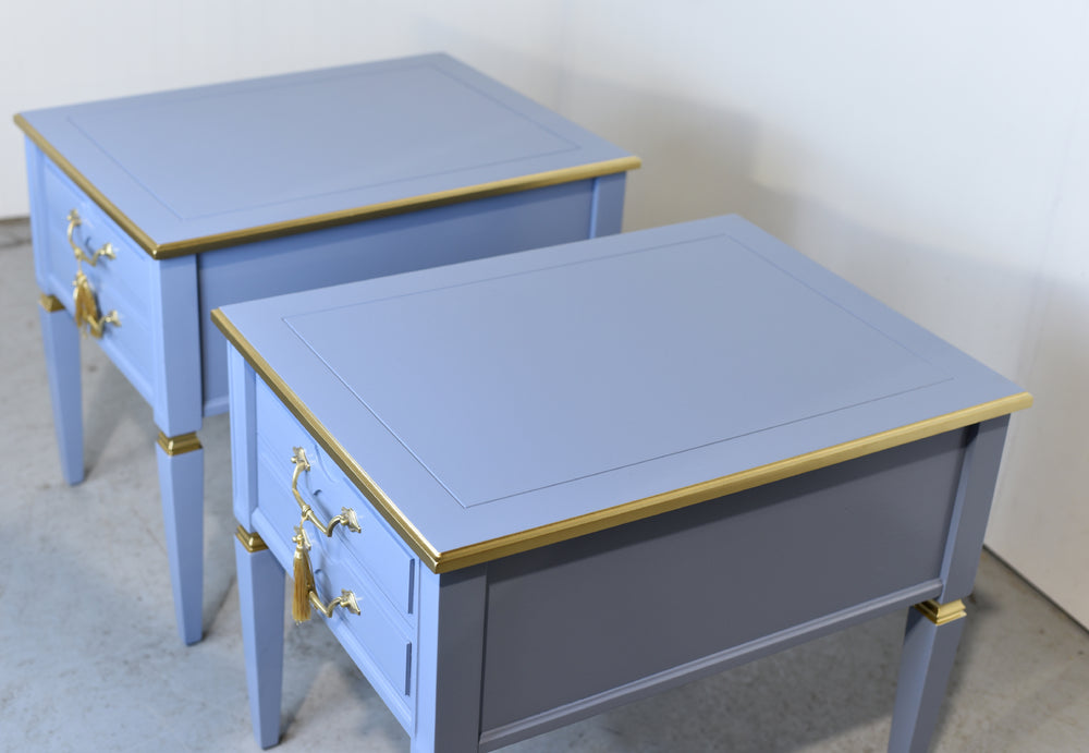 Mid Century Transitional Side Tables in Blue and Gold Newly Painted - A Pair