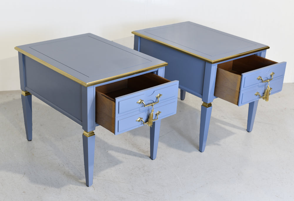 Mid Century Transitional Side Tables in Blue and Gold Newly Painted - A Pair
