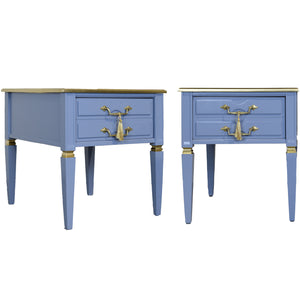 Mid Century Transitional Side Tables in Blue and Gold Newly Painted - A Pair