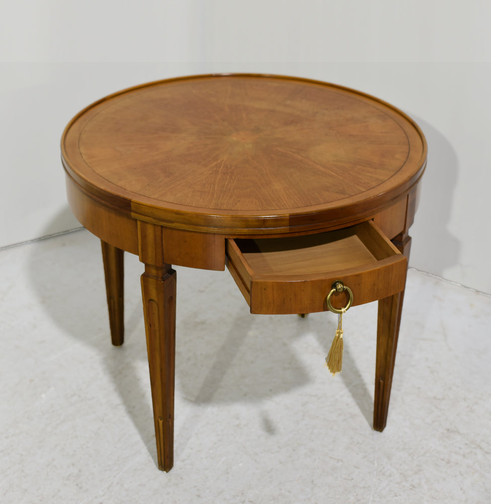 Mid Century Walnut Round Sunburst Veneer Side Table by Baker Furniture