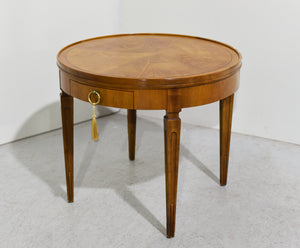 Mid Century Walnut Round Sunburst Veneer Side Table by Baker Furniture